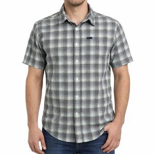 100% Cotton Columbia Men's Black and Mint Checkered Shirt Size M